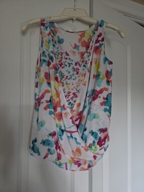 Floral Watercolor Wrap Front Sleeveless Top - White/Multi